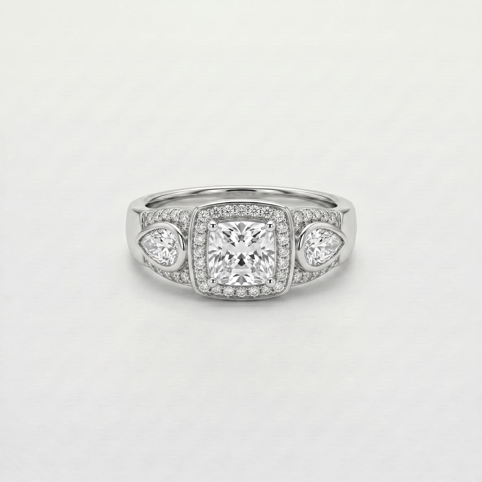Cushion Three Stone Halo Ring