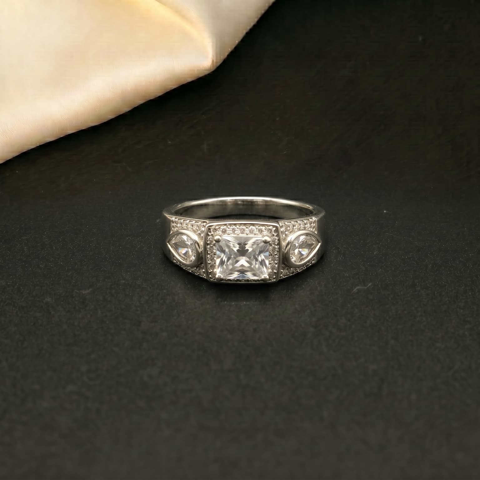 Cushion Three Stone Halo Ring