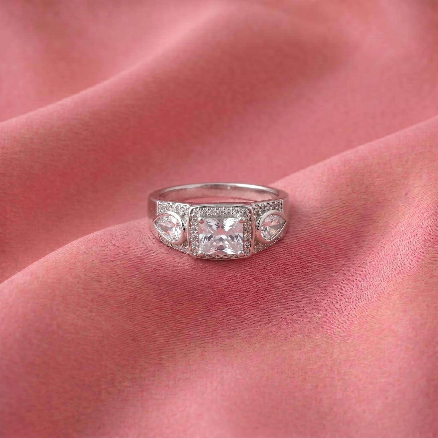 Cushion Three Stone Halo Ring 3