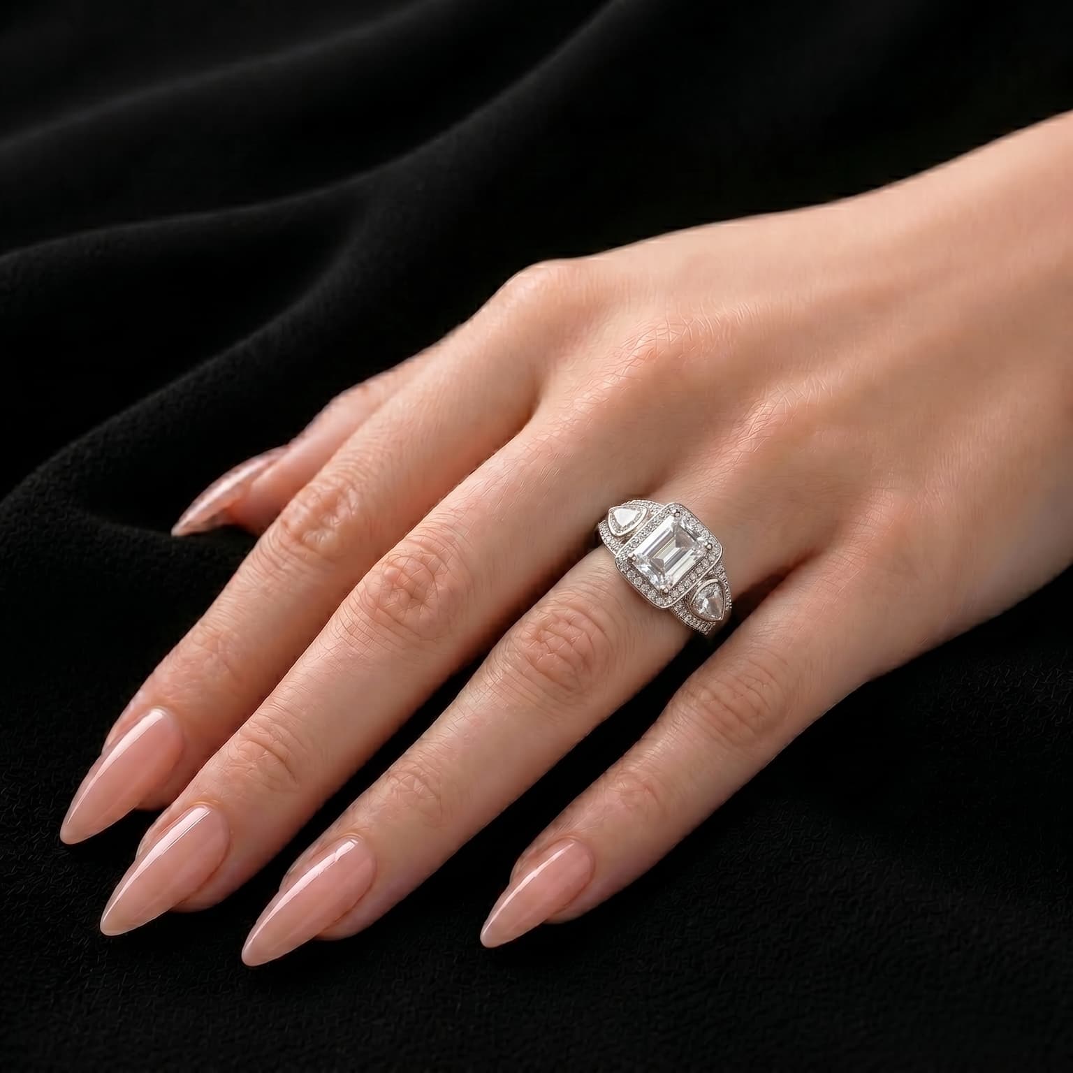 Cushion Three Stone Halo Ring 4