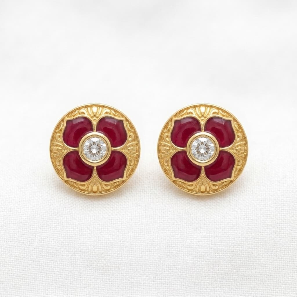 Enamel Rose Coin Stud Earrings