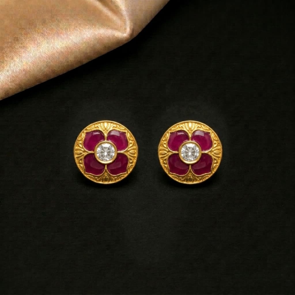 Enamel Rose Coin Stud Earrings