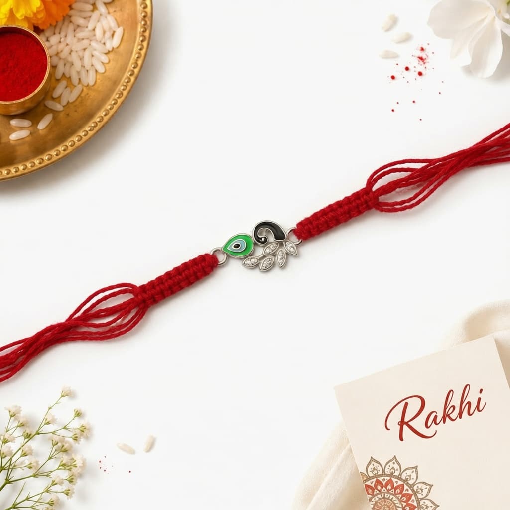 Peacock Evil-Eye Silver Rakhi