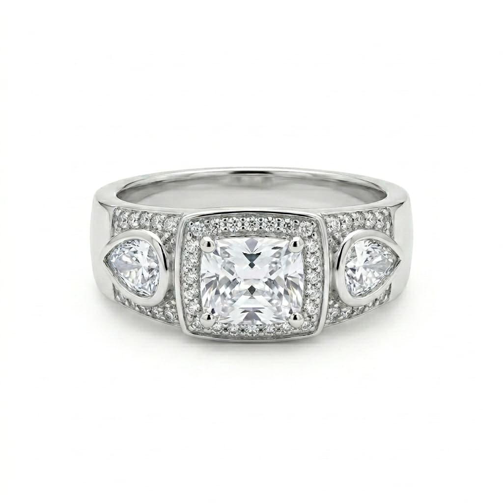 Radiant Three Stone Halo Ring