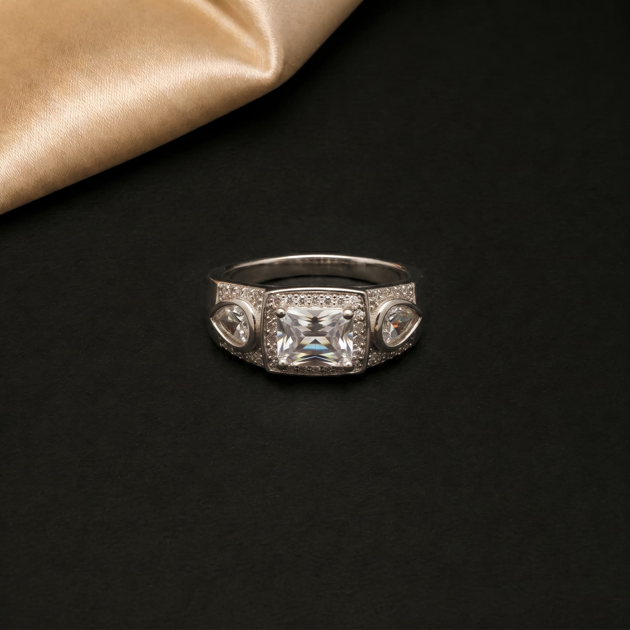 Radiant Three Stone Halo Ring