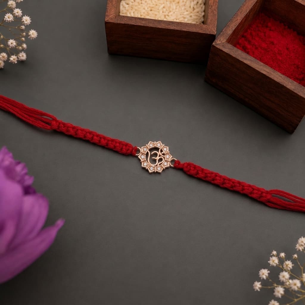 Rose Gold Om Lotus CZ Rakhi