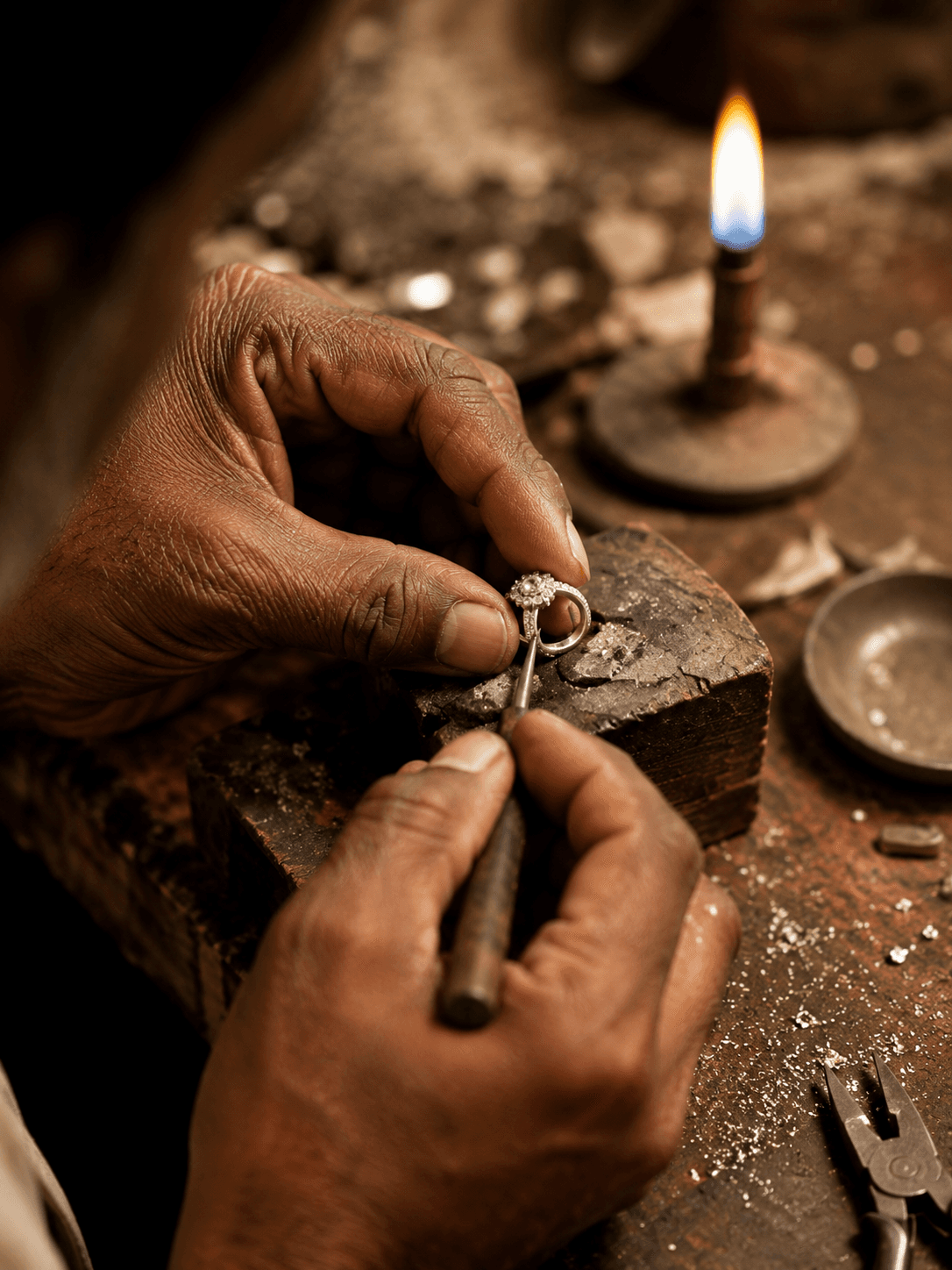 An artisan handcrafting silver jewellery