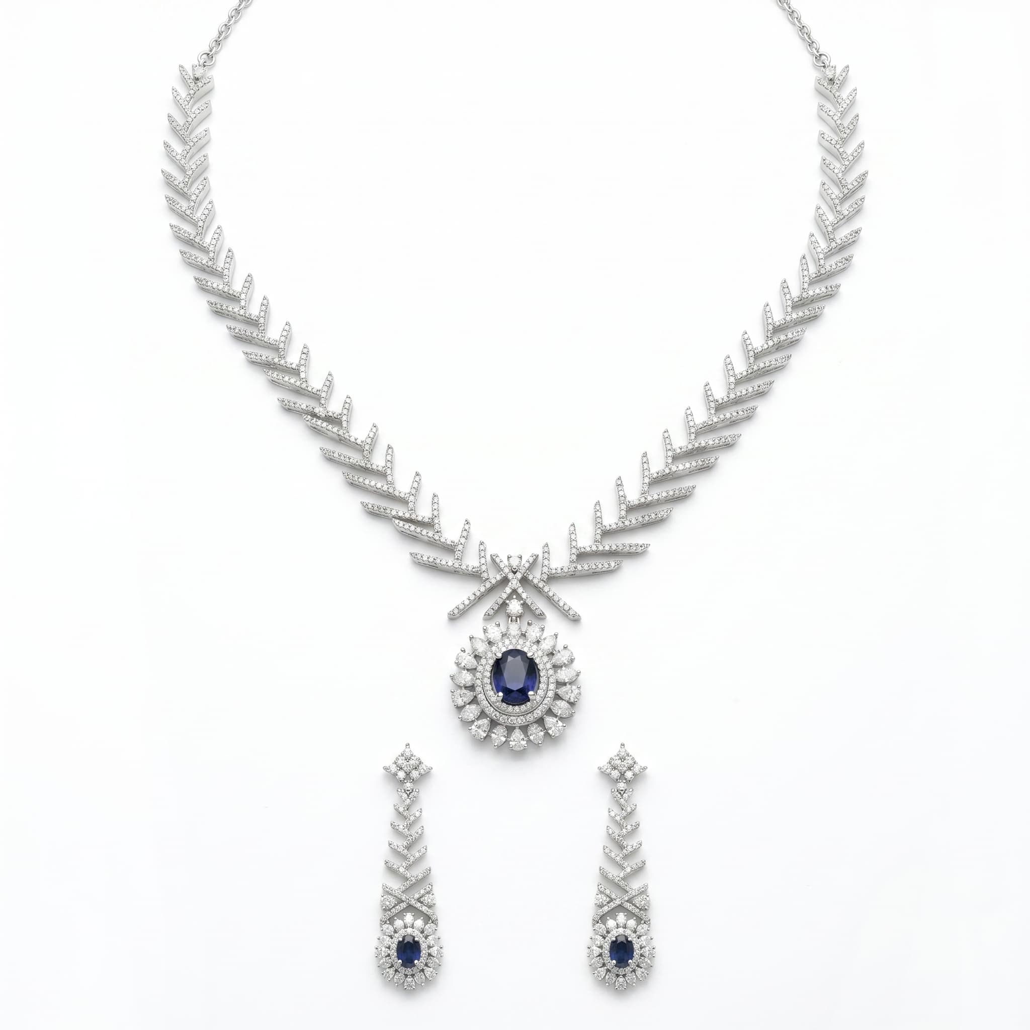 Blue Solitaire Diamond Look Feather Necklace & Earring Set