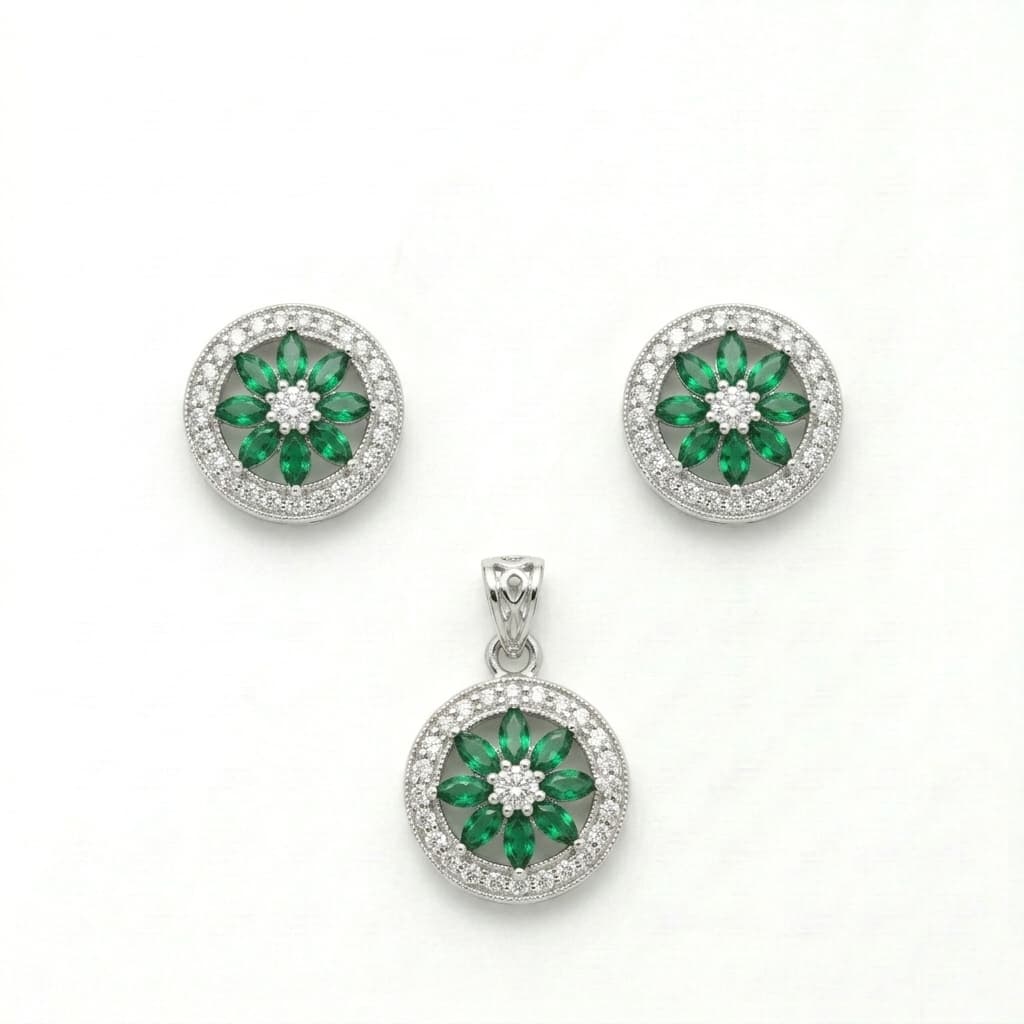 Emerald Bloom Halo Necklace & Earring Set