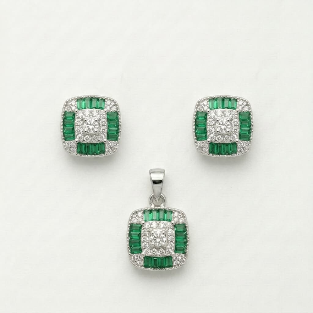 Emerald Mosaic Cushion Necklace & Earring Set