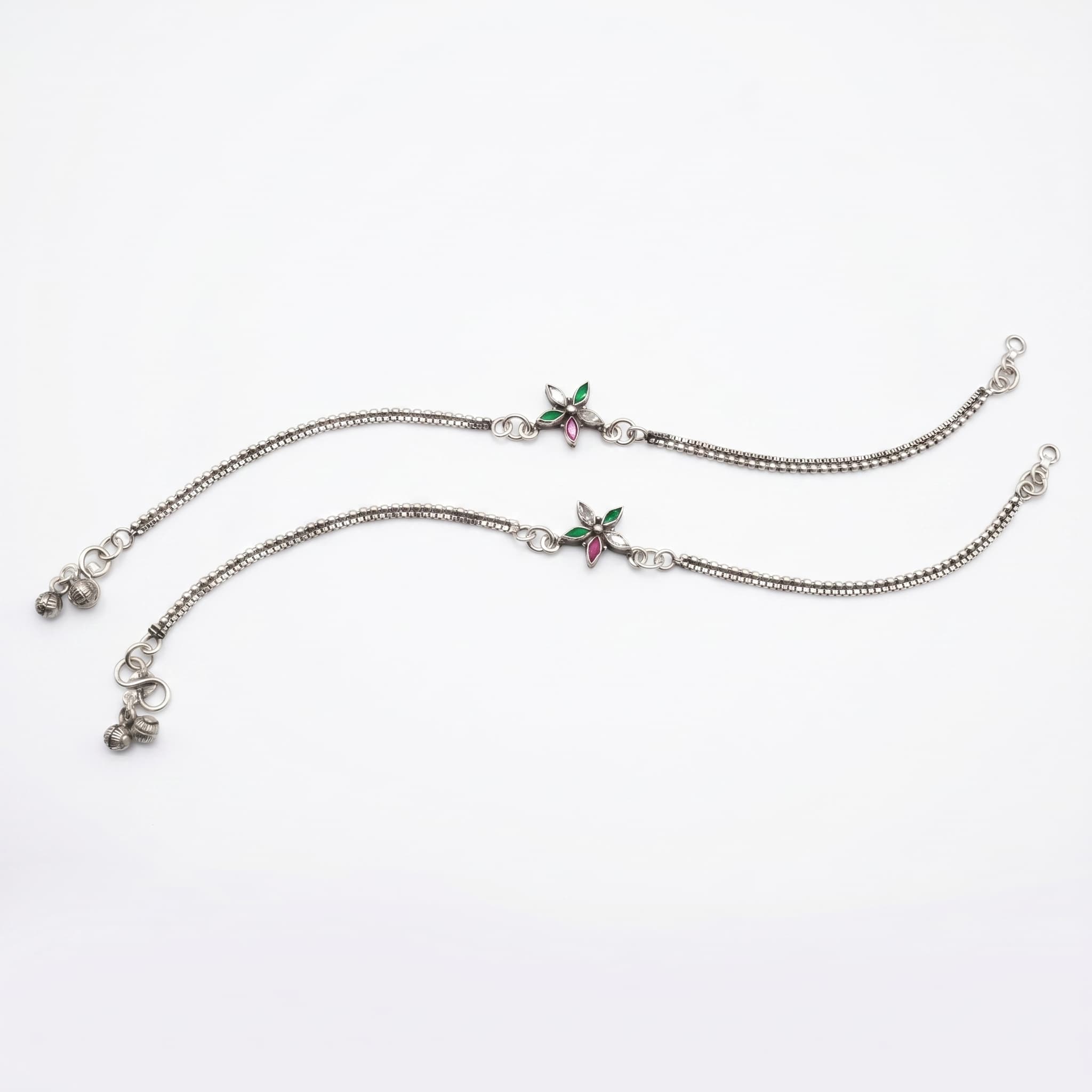 Floral CZ Double Chain Anklets with Ghungroo Bells