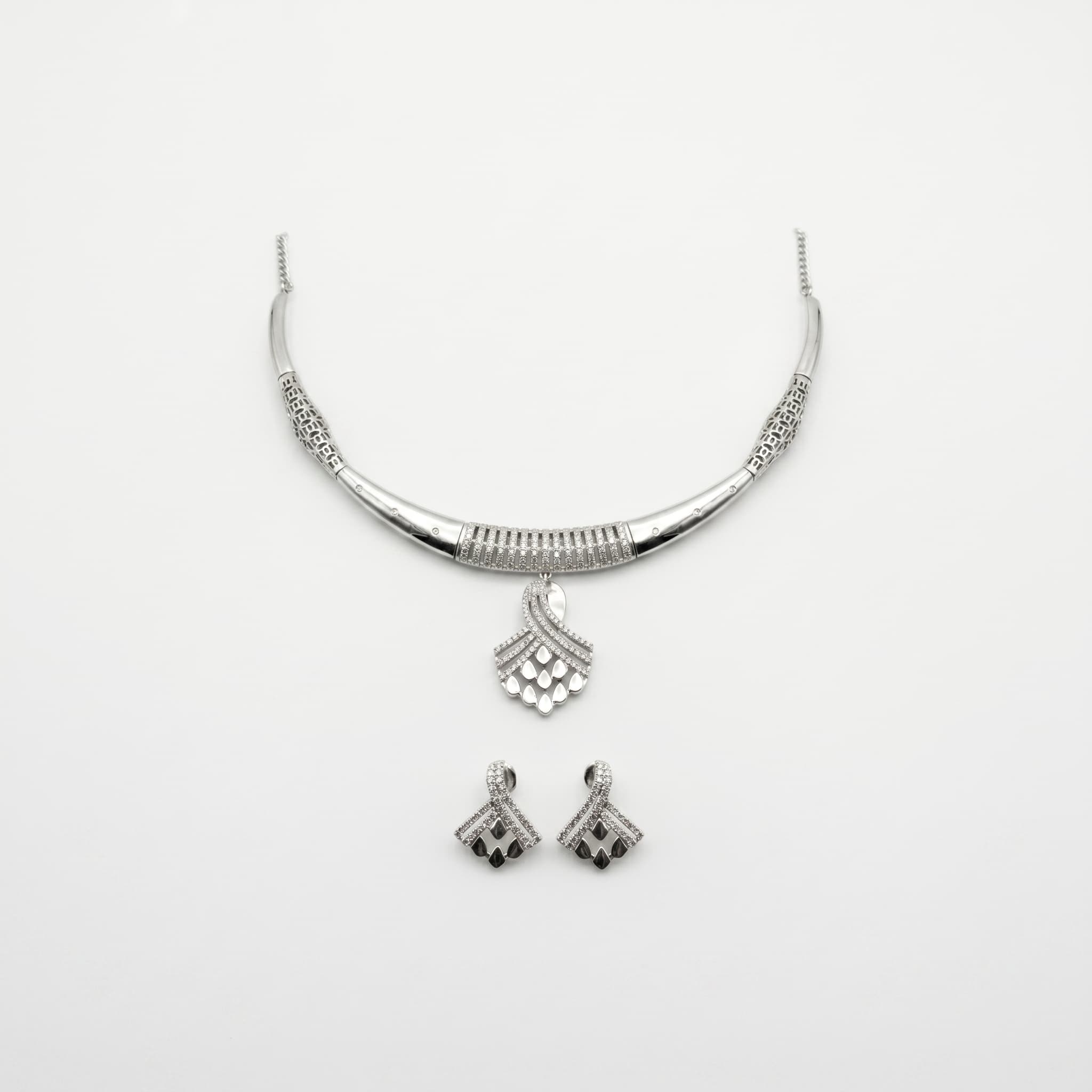 Pave Fan Drop Collar Necklace & Earring Set