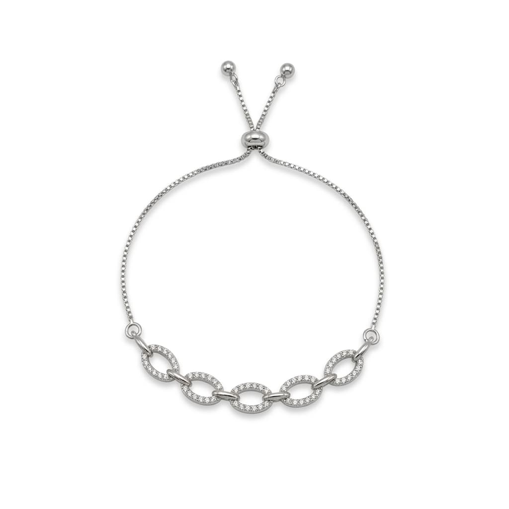 Pave Oval Link Adjustable Silver Bracelet