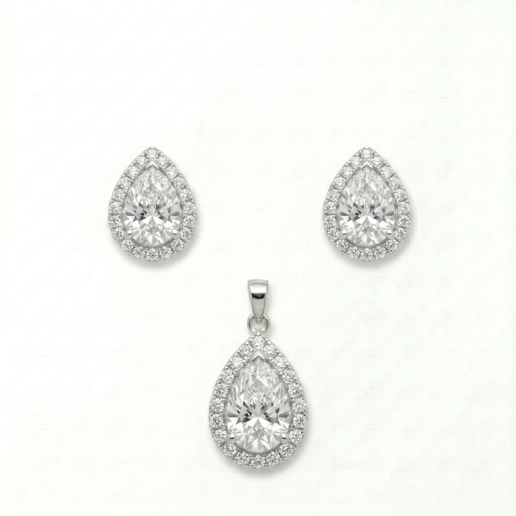 Pear-Cut CZ Halo Pendant & Earring Set