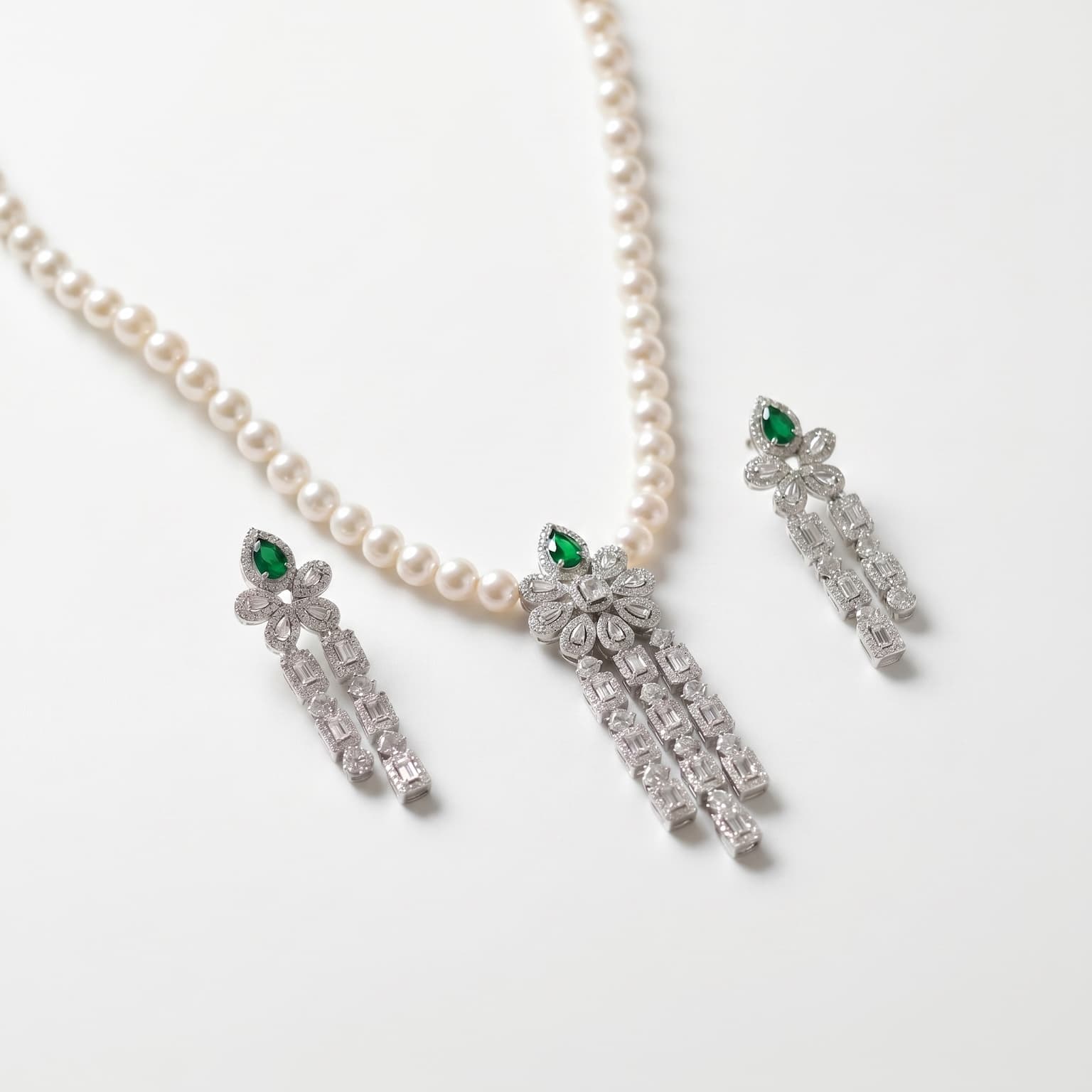 Pearl & Emerald Drop Necklace & Earring Set
