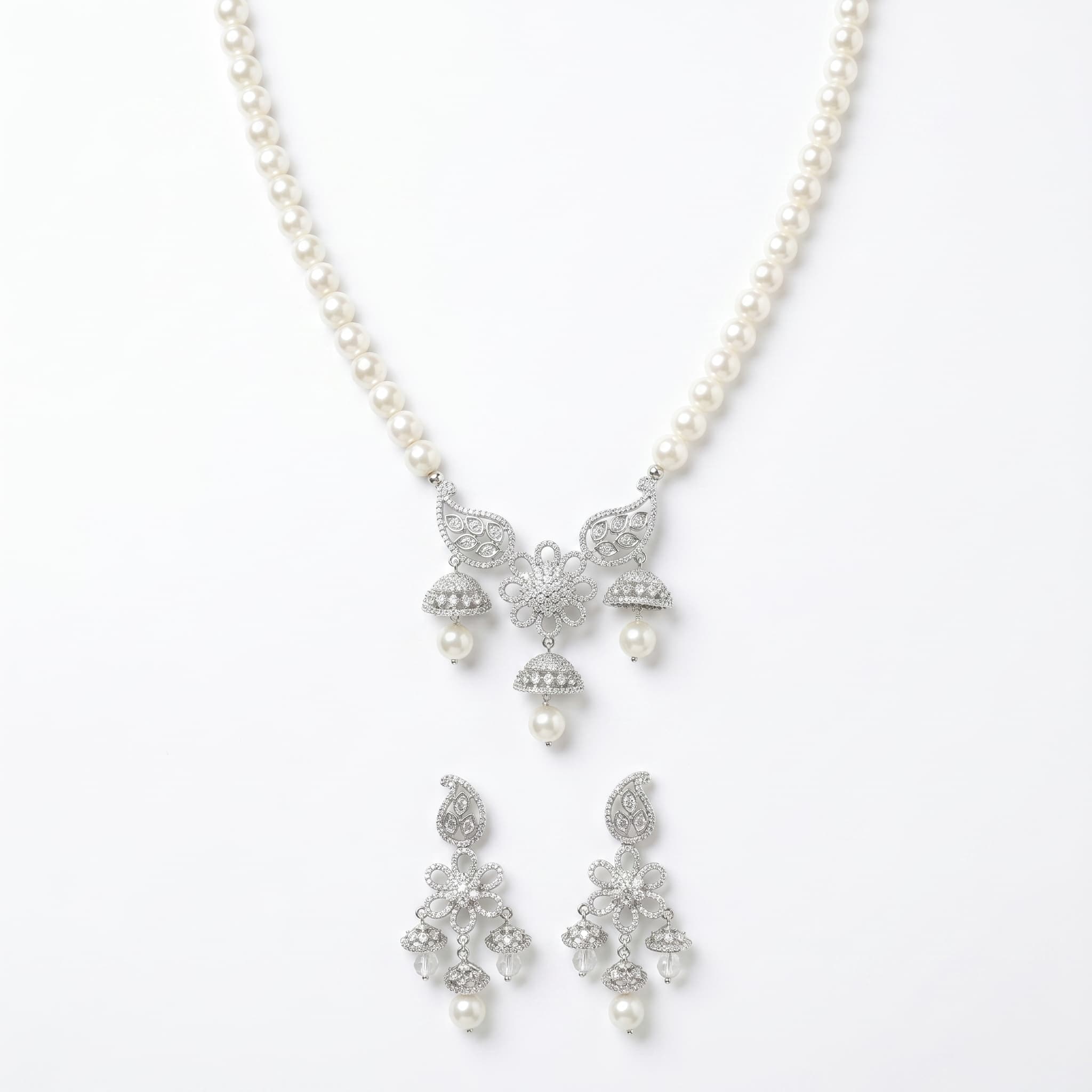 Pearl Strand Floral Jhumka Drop Necklace & Earring Set