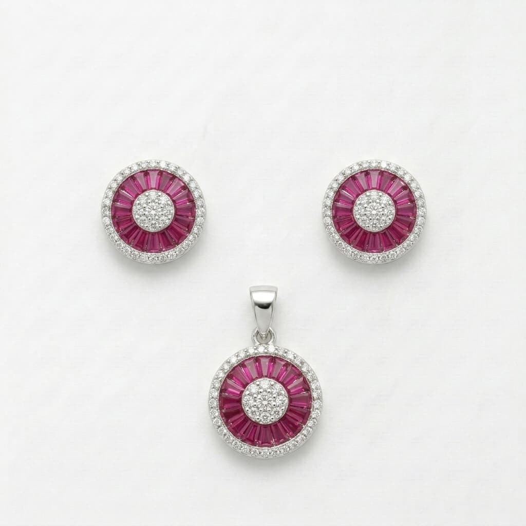 Pink Baguette Medallion Necklace & Earring Set