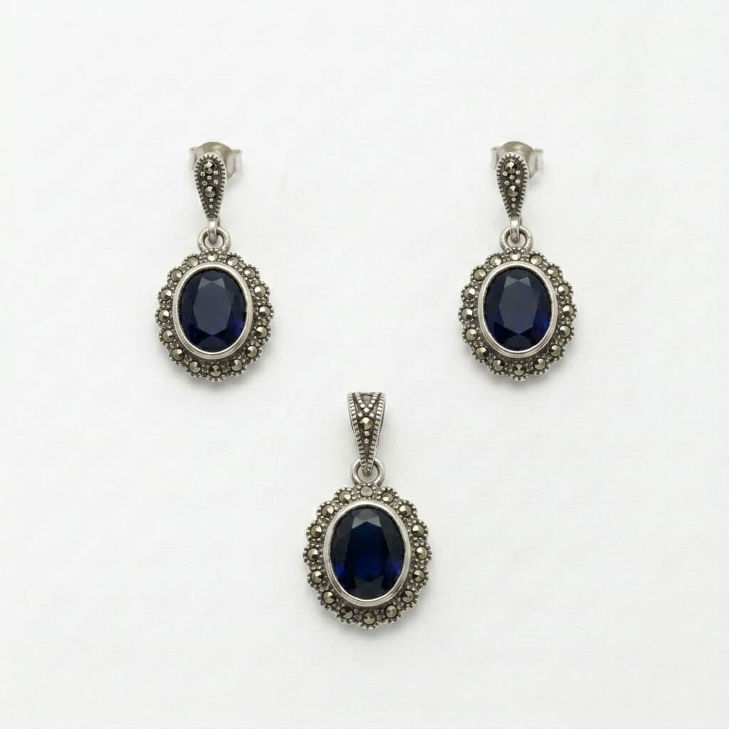 Royal Blue Vintage Halo Necklace & Earring Set