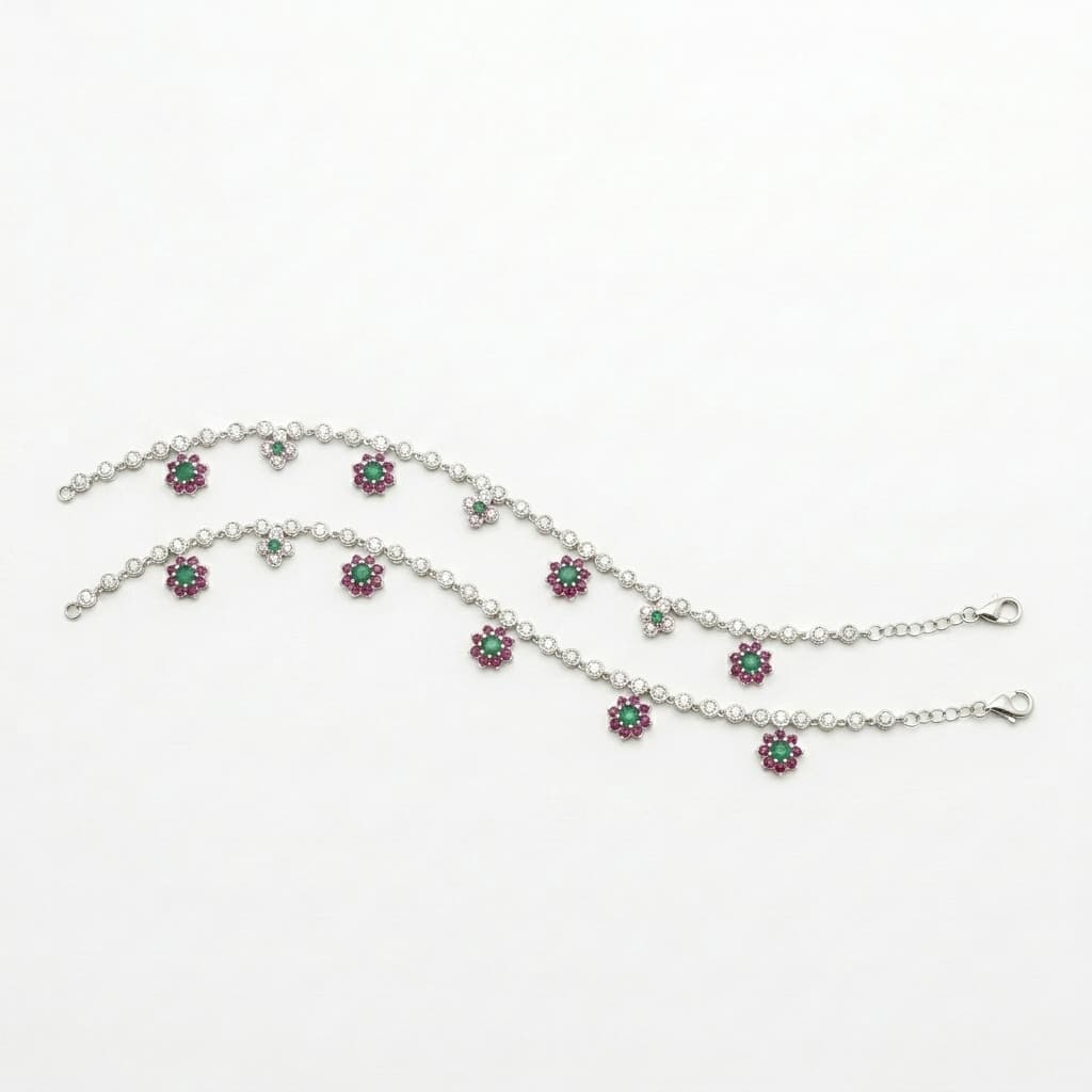 Ruby Emerald Floral Cluster Statement Anklets