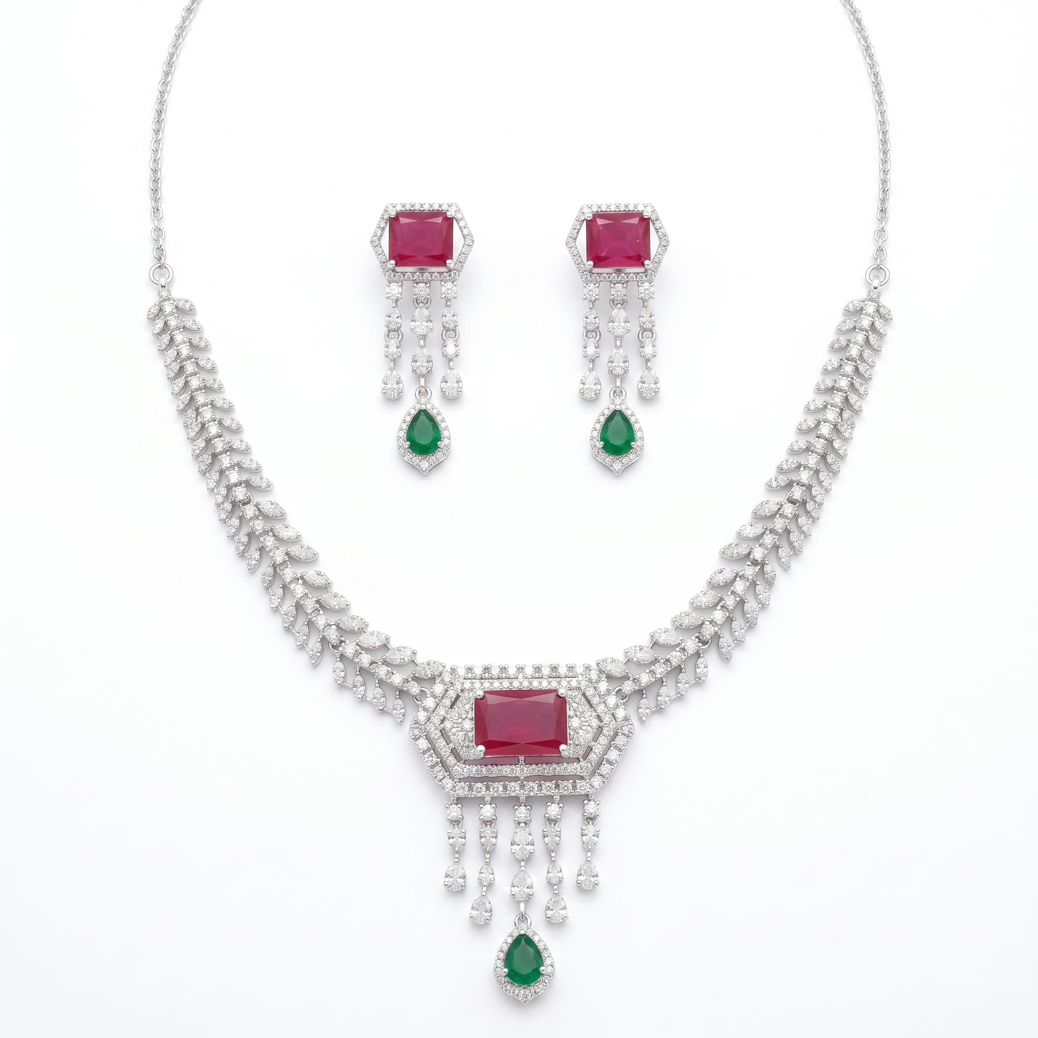 Ruby Red & Emerald Green Drop Necklace & Earring Set