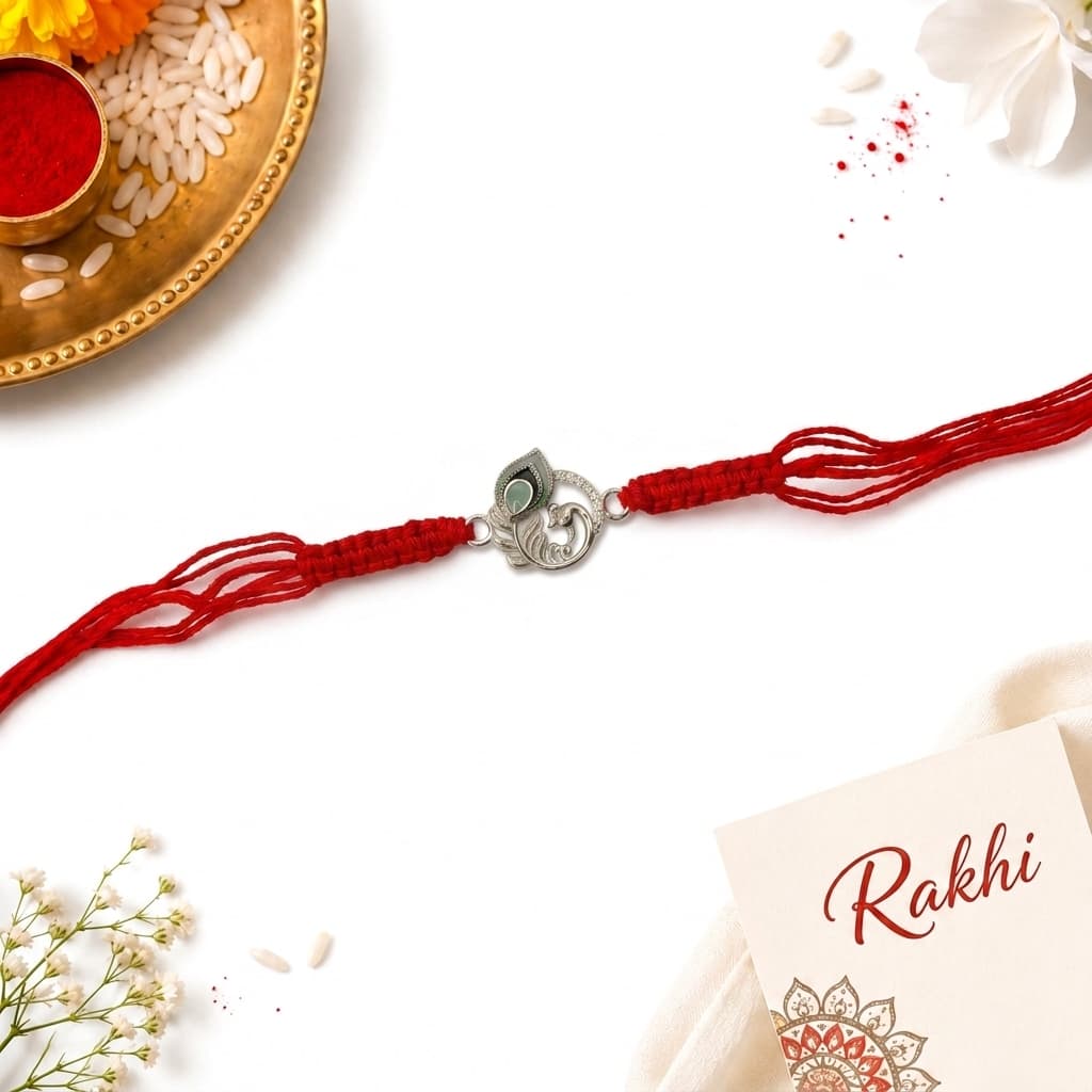Silver Peacock Green Stone Rakhi